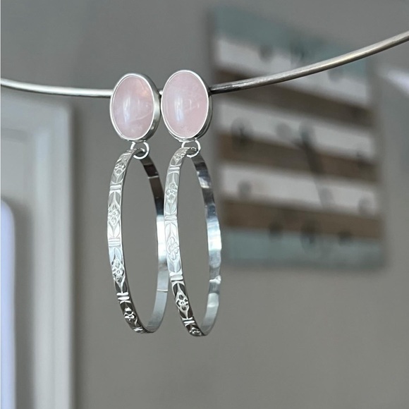 Handmade Sweet Pea brand Rose Quartz studs with hoops; sterling Silver earrings - Picture 3 of 3